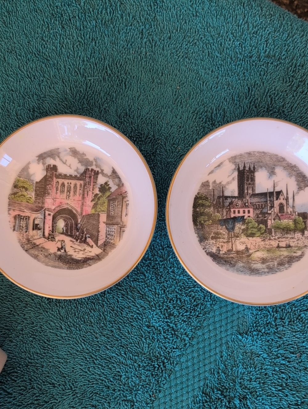 2 Trinket English Fine Bone China 4" Dishes Plates in Teal Gold Trim